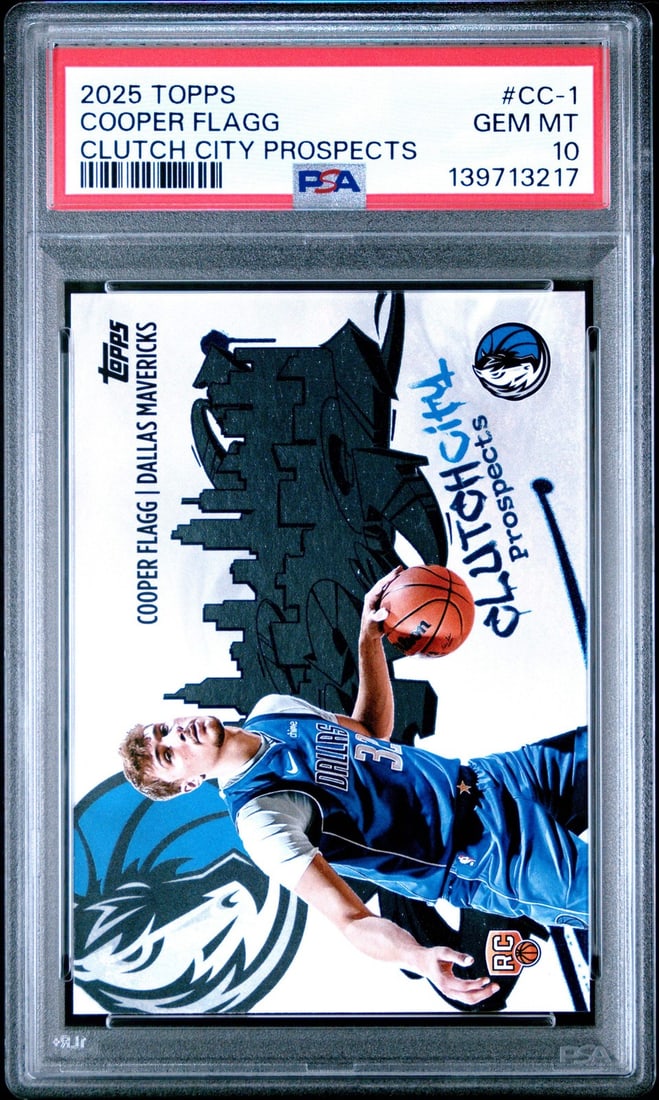 PSA 10 Cooper Flagg Rookie 2025 Clutch City Prospects Card #CC1: PSA 10 Cooper Flagg Rookie 2025 Clutch City Prospects Card #CC1 This is an original 2025 Topps Cooper Flagg #CC1 Clutch City Prospects Rookie card, professionally graded PSA 10 by Professional Sports 