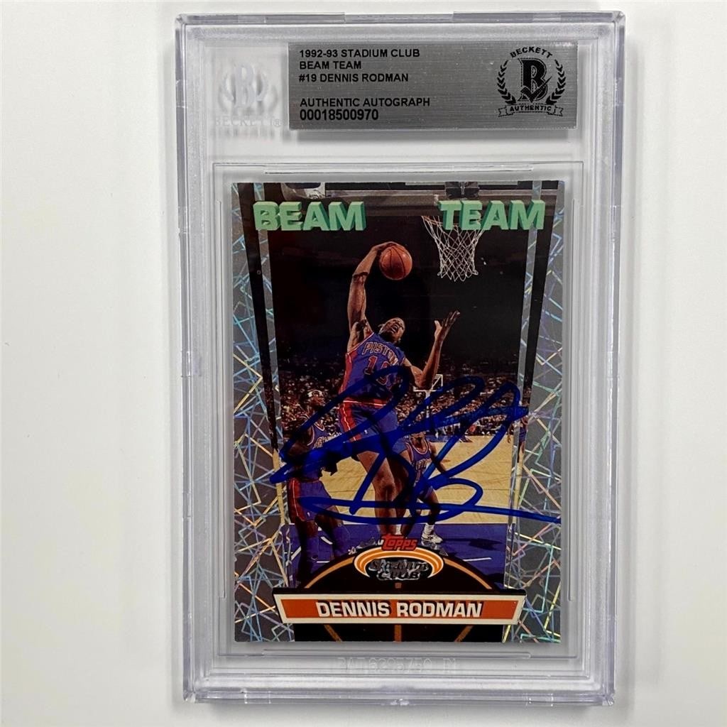 Dennis Rodman signed 1992-93 Stadium Club Beam Team 19 BAS authenticated card: Dennis Rodman signed 1992-93 Stadium Club Beam Team 19 BAS authenticated card This is an original 1992-93 Stadium Club Beam Team #19 basketball trading card featuring Dennis Rodman. The card is hard s