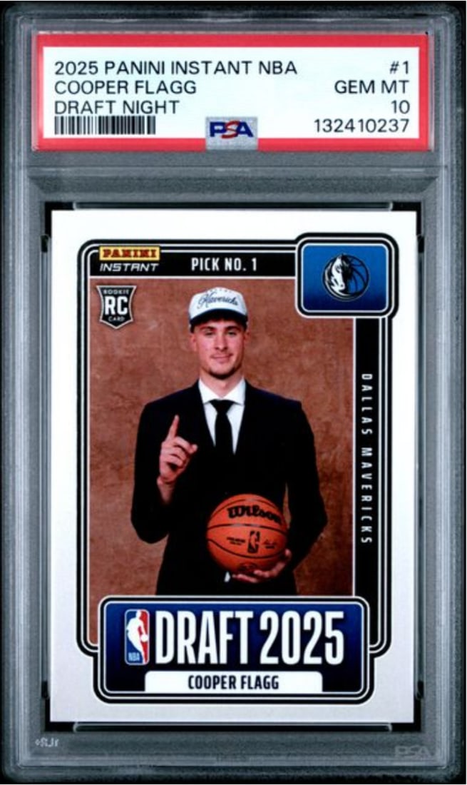 2025 Panini Instant Cooper Flagg #1 Draft Night RC PSA 10 Basketball Card: 2025 Panini Instant Cooper Flagg #1 Draft Night RC PSA 10 Basketball Card This is a graded 2025 Panini Instant Cooper Flagg #1 Draft Night rookie card, rated PSA 10. The card features Cooper Flagg, wh
