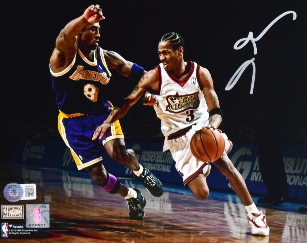 Allen Iverson signed 76ers 8x10 Beckett hologram basketball photo: Allen Iverson signed 76ers 8x10 Beckett hologram basketball photo This is an original 8x10 spotlight photo featuring Allen Iverson of the Philadelphia 76ers, autographed by Iverson. The signature is a