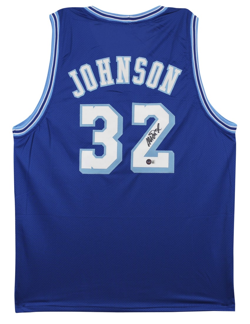 Signed Blue Throwback Jersey Magic Johnson BAS Witnessed Authentication (1 of 3)
