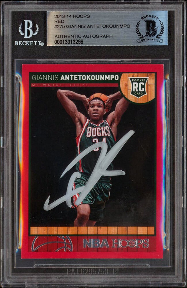 Giannis Antetokounmpo 2013-14 Hoops Red Rookie Card BAS Slabbed: Giannis Antetokounmpo 2013-14 Hoops Red Rookie Card BAS Slabbed This 2013-14 Hoops Red #275 rookie card features Giannis Antetokounmpo of the Milwaukee Bucks and has been personally signed by him. The