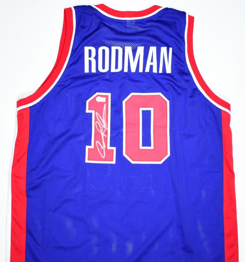 Beckett authenticated Dennis Rodman blue Detroit Pistons jersey: Beckett authenticated Dennis Rodman blue Detroit Pistons jersey This blue jersey is autographed by Dennis Rodman and features authentication by Beckett Authentication Services (BAS). Representing the 
