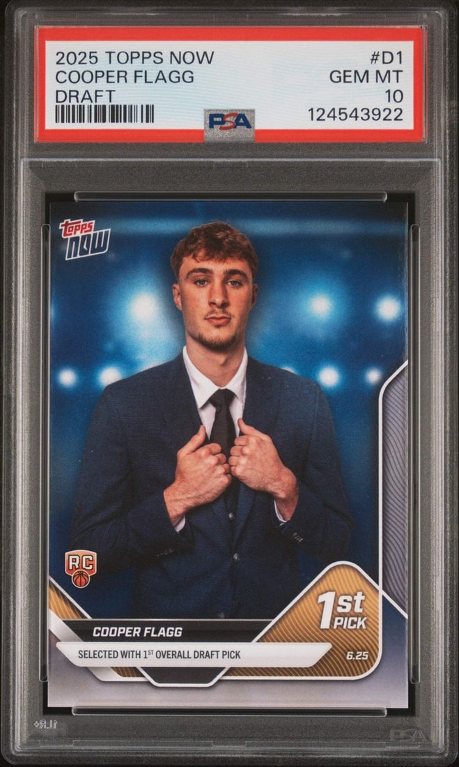 PSA 10 Cooper Flagg 2025 Topps Now Draft Rookie Card #D1: PSA 10 Cooper Flagg 2025 Topps Now Draft Rookie Card #D1 This is an original 2025 Topps Now Cooper Flagg #D1 Draft Rookie RC basketball card, professionally graded PSA 10 by Professional Sports Authen