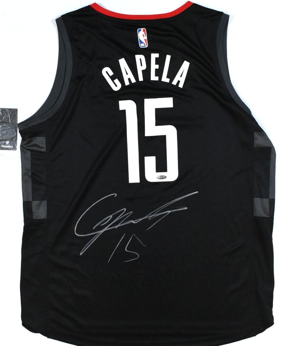 Clint Capela signed Houston Rockets black Nike jersey Tristar: Clint Capela signed Houston Rockets black Nike jersey Tristar This is a pre-owned Houston Rockets black Nike Fast Break jersey autographed by Clint Capela. The jersey is an original item and was manuf