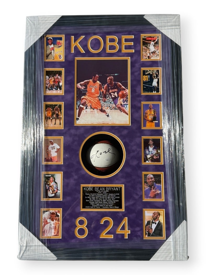 Kobe Bryant Lakers mini basketball framed JSA autograph: Kobe Bryant Lakers mini basketball framed JSA autograph This custom-framed display features a mini basketball autographed by Kobe Bryant of the Los Angeles Lakers. The autograph has been authenticated