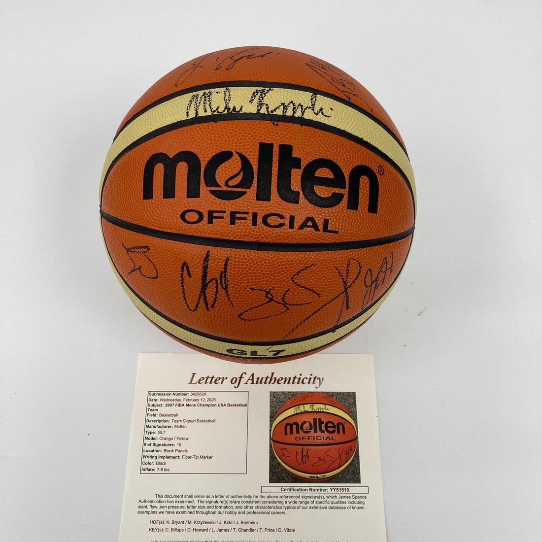 Kobe Bryant 2007 Team USA Signed Basketball 16 Autographs JSA COA: Kobe Bryant 2007 Team USA Signed Basketball 16 Autographs JSA COA This 2007 FIBA AmeriCup team-signed basketball is a remarkable collectible from the USA Gold Medal team. It features 16 autographs fro