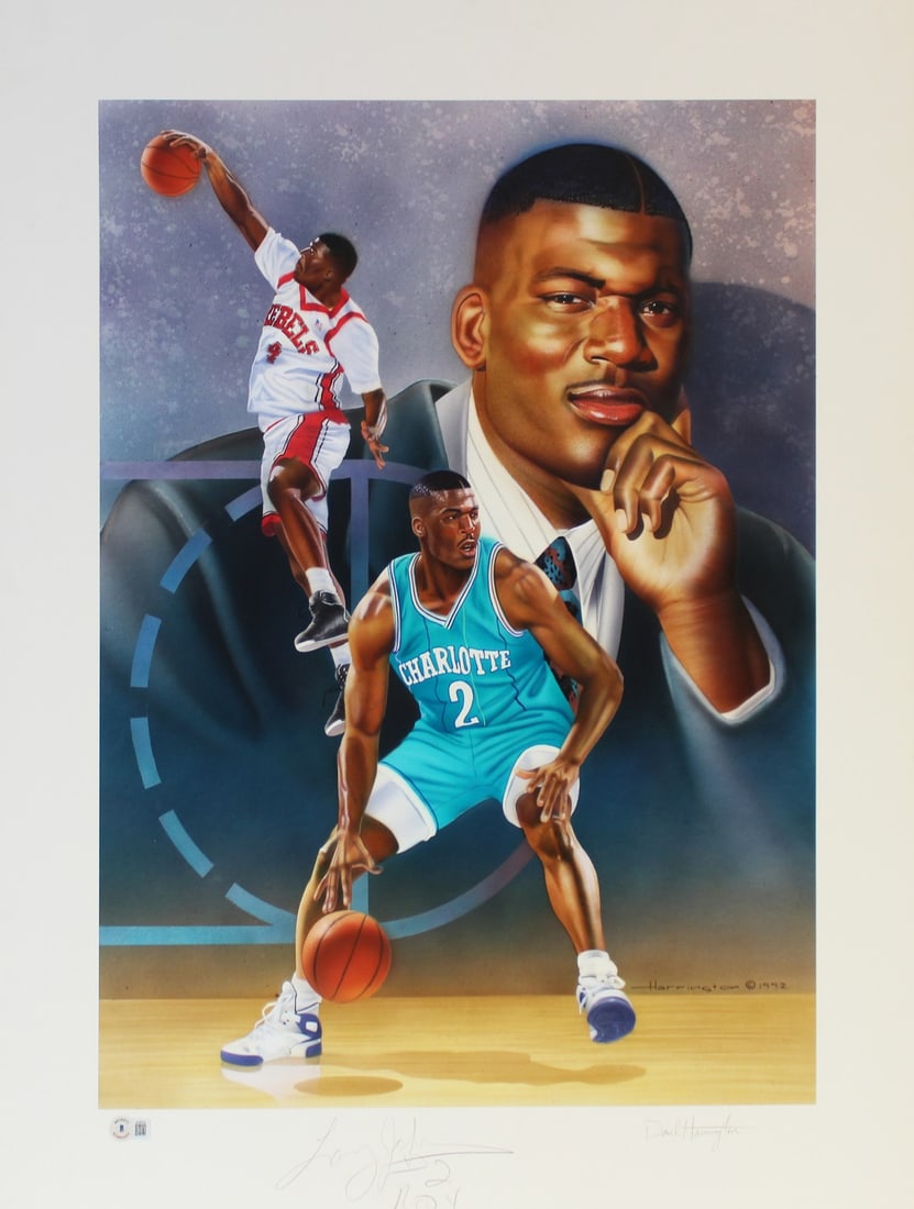 Larry Johnson Signed Hornets 24x30 Lithograph ROY Beckett Authenticated (1 of 4)