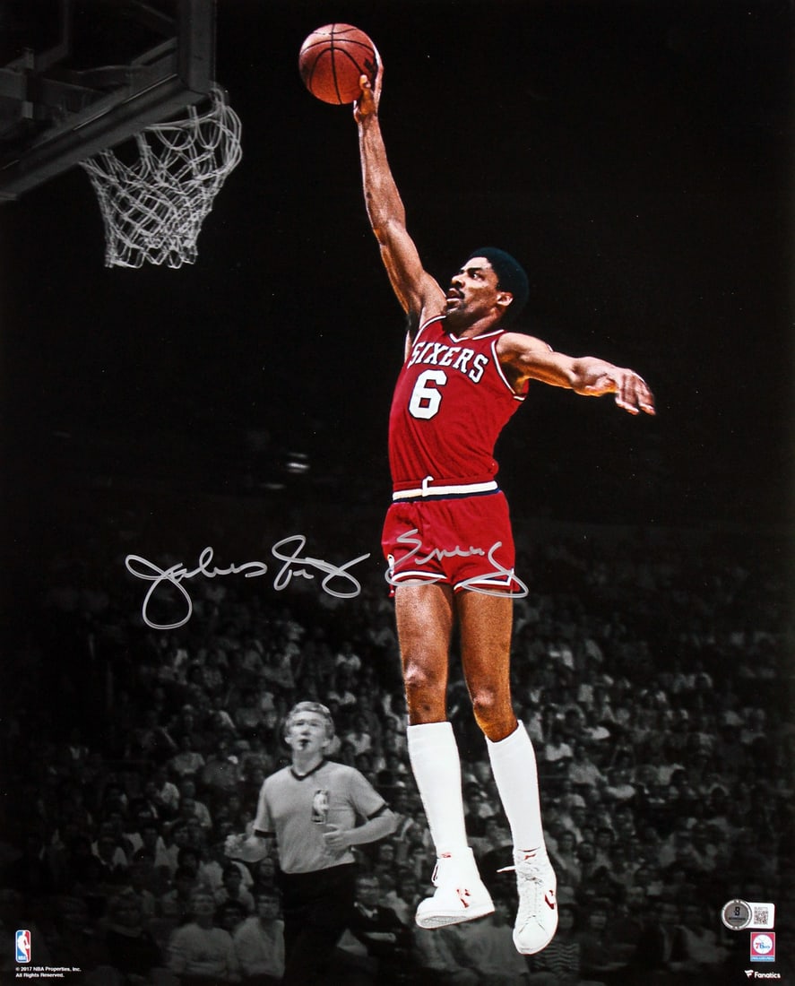 Julius Dr J Erving Signed 16x20 Dunk Photo Philadelphia 76ers BAS: Julius Dr J Erving Signed 16x20 Dunk Photo Philadelphia 76ers BAS Capture a moment of basketball history with this autographed 16x20 vertical spotlight dunking photo of Julius "Dr. J" Erving, a legend