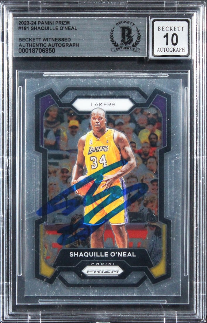 Shaquille O'Neal Autographed 2023 Prizm Basketball Card BAS Slab Auto Grade 10: Shaquille O'Neal Autographed 2023 Prizm Basketball Card BAS Slab Auto Grade 10 This 2023 Panini Prizm #181 trading card features Shaquille O'Neal of the Orlando Magic and has been personally signed by