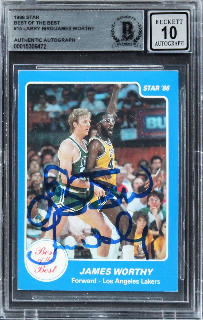Larry Bird James Worthy Signed 1986 Star BOTB #15 Card Gem Mint 10 BAS: Larry Bird James Worthy Signed 1986 Star BOTB #15 Card Gem Mint 10 BAS This 1986 Star Best of the Best #15 card is a must-have for any serious basketball collector. Authentically signed by basketball 