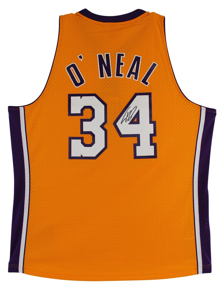 Shaquille O'Neal Signed Lakers Yellow M&N 1999-2000 Jersey BAS Witnessed: Shaquille O'Neal Signed Lakers Yellow M&N 1999-2000 Jersey BAS Witnessed Celebrate the legacy of Shaquille O'Neal with this autographed yellow Mitchell & Ness 1999-2000 Throwback Hardwood Classics Swi