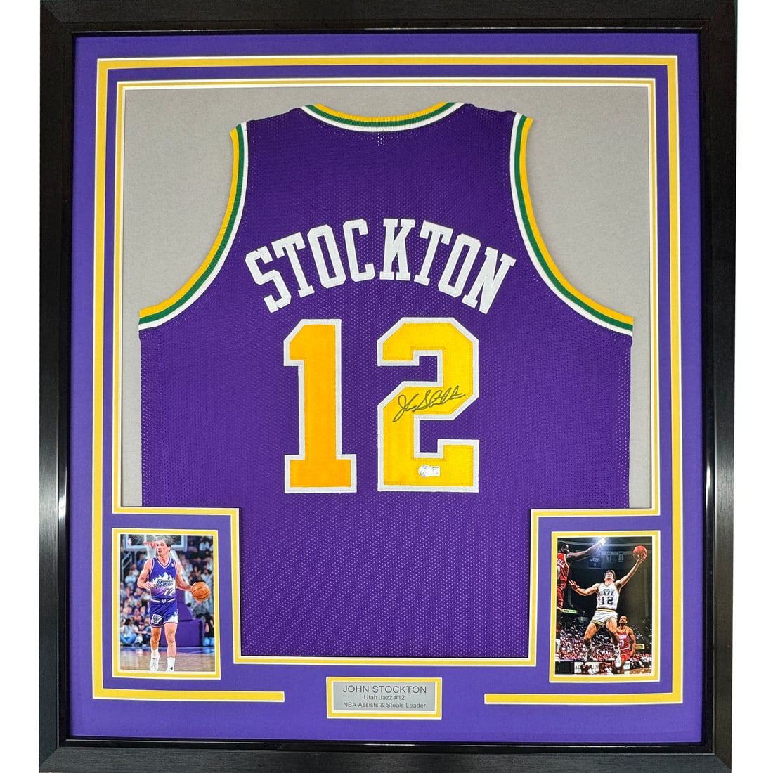 John Stockton Signed Utah Jazz Purple Jersey Framed 35x39 Beckett Authenticated: John Stockton Signed Utah Jazz Purple Jersey Framed 35x39 Beckett Authenticated This is a professionally framed and matted John Stockton Utah Jazz purple jersey, autographed by John Stockton. The disp