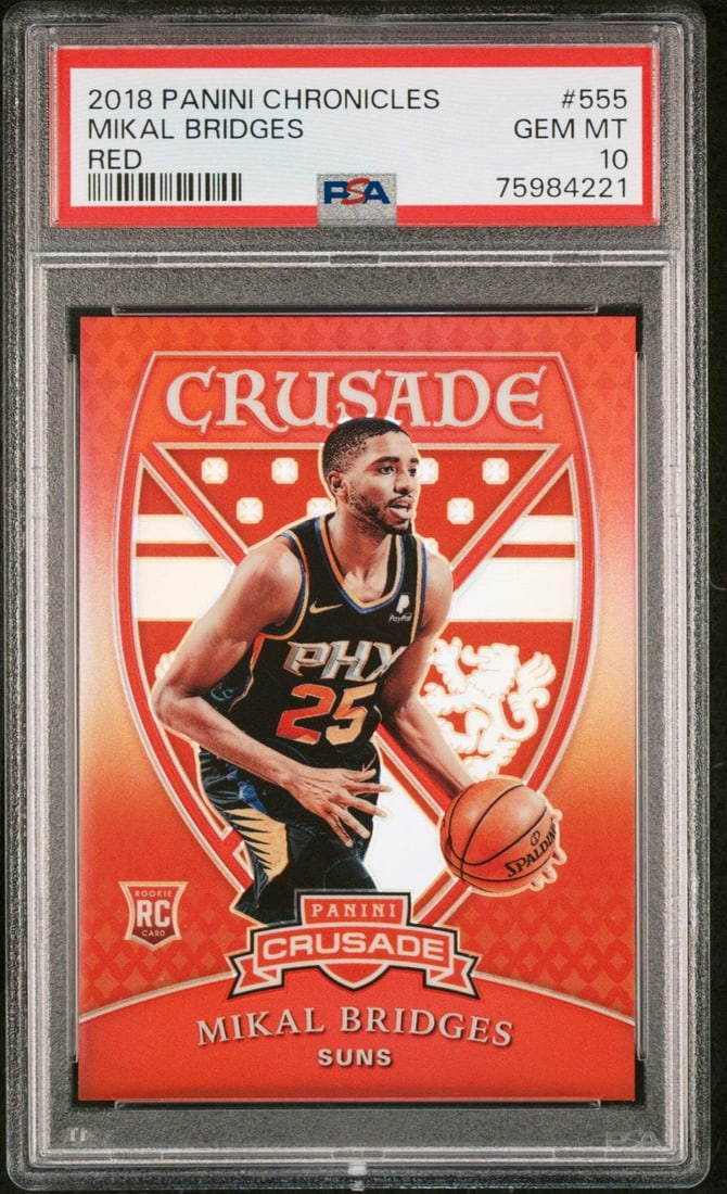 PSA 10 Graded 2018 Chronicles Mikal Bridges #555 Red RC #/149 Basketball Card: PSA 10 Graded 2018 Chronicles Mikal Bridges #555 Red RC #/149 Basketball Card This is a graded 2018 Chronicles Mikal Bridges #555 Red basketball card, limited to only 149 copies. It has been authentic