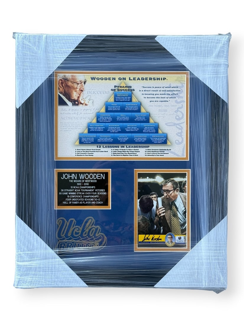 Framed John Wooden Signed Pyramid of Success Card Global Authentics Certified: Framed John Wooden Signed Pyramid of Success Card Global Authentics Certified This framed display features an original autographed card signed by legendary basketball coach John Wooden. The 4x6 inch c