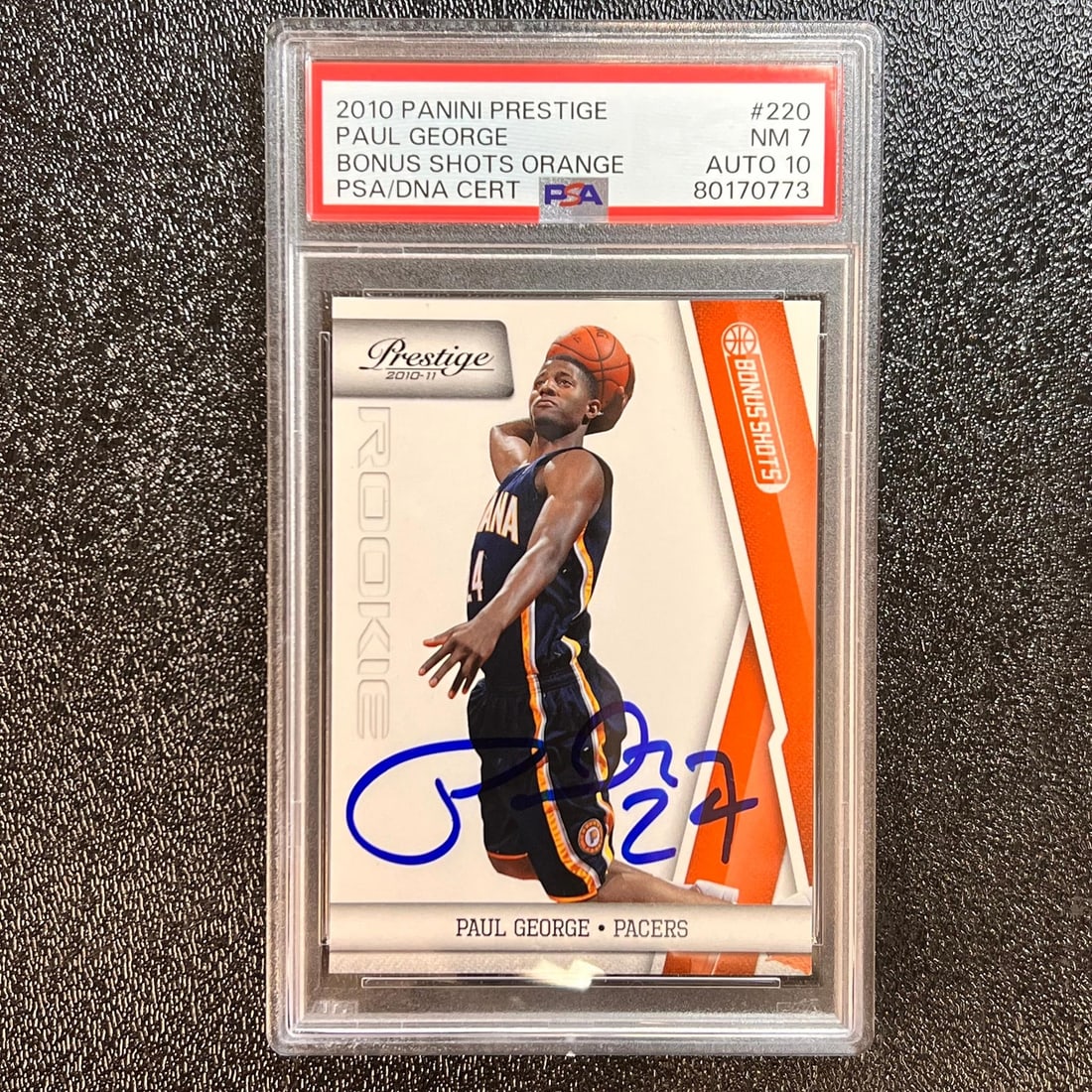 2010-11 Panini Prestige Paul George Signed Rookie Card PSA Authenticated: 2010-11 Panini Prestige Paul George Signed Rookie Card PSA Authenticated This 2010-11 Panini Prestige Bonus Shots Orange #220 rookie card features the signature of Paul George, a prominent player in t