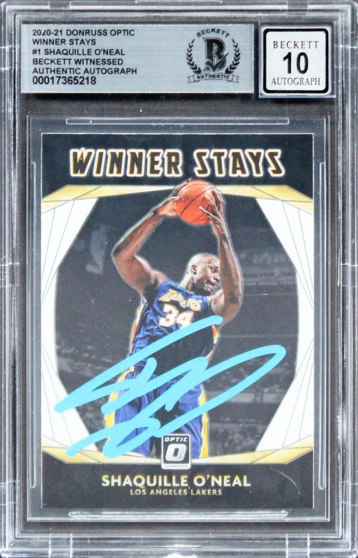 2020 Donruss Optic Winner Stays Shaquille O'Neal Auto Card BAS Gem Mint 10: 2020 Donruss Optic Winner Stays Shaquille O'Neal Auto Card BAS Gem Mint 10 This 2020 Donruss Optic Winner Stays #1 trading card features a hand-signed autograph by Shaquille O'Neal of the Los Angeles 