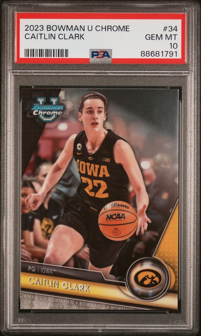 2023 Topps Bowman U Chrome Caitlin Clark #34 RC Basketball Card PSA 10: 2023 Topps Bowman U Chrome Caitlin Clark #34 RC Basketball Card PSA 10 This is a graded 2023 Topps Bowman U Chrome Caitlin Clark #34 RC Basketball Card, encapsulated and graded by Professional Sports 