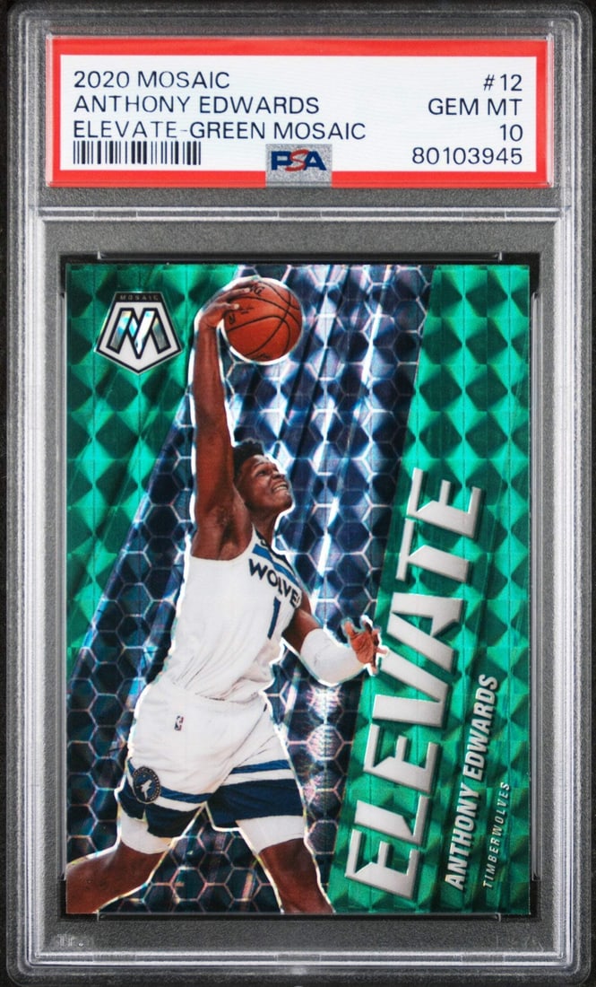 2020 Mosaic Anthony Edwards #12 Elevate GRN PSA 10 Basketball Card: 2020 Mosaic Anthony Edwards #12 Elevate GRN PSA 10 Basketball Card This is a graded 2020 Mosaic Anthony Edwards #12 Elevate GRN Mosaic Basketball Card, achieving a PSA grade of 10. The card features A