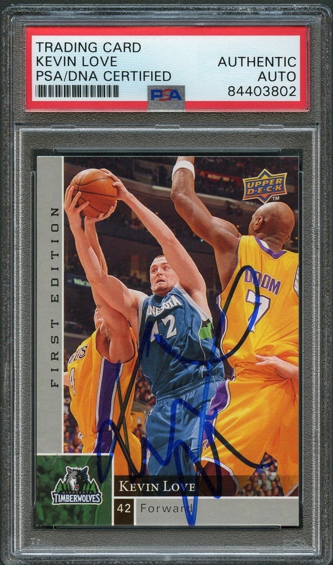 2009-10 Upper Deck First Edition Kevin Love Signed Card PSA Authenticated: 2009-10 Upper Deck First Edition Kevin Love Signed Card PSA Authenticated This is a 2009-10 Upper Deck First Edition #95 card signed by Kevin Love, renowned for his career with the Minnesota Timberwol