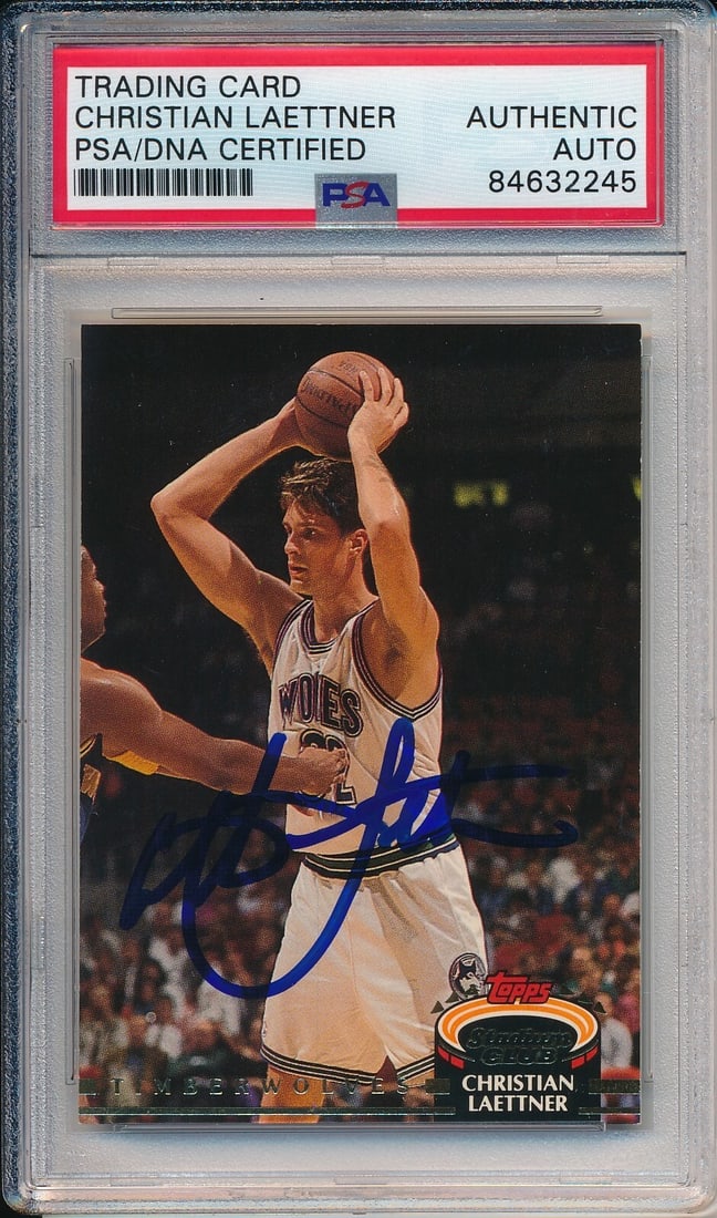 1992-93 Stadium Club Christian Laettner Signed Rookie Card PSA/DNA Timberwolves: 1992-93 Stadium Club Christian Laettner Signed Rookie Card PSA/DNA Timberwolves Offered is an original 1992-93 Stadium Club Rookie Christian Laettner #218 basketball card, signed by the player. This c