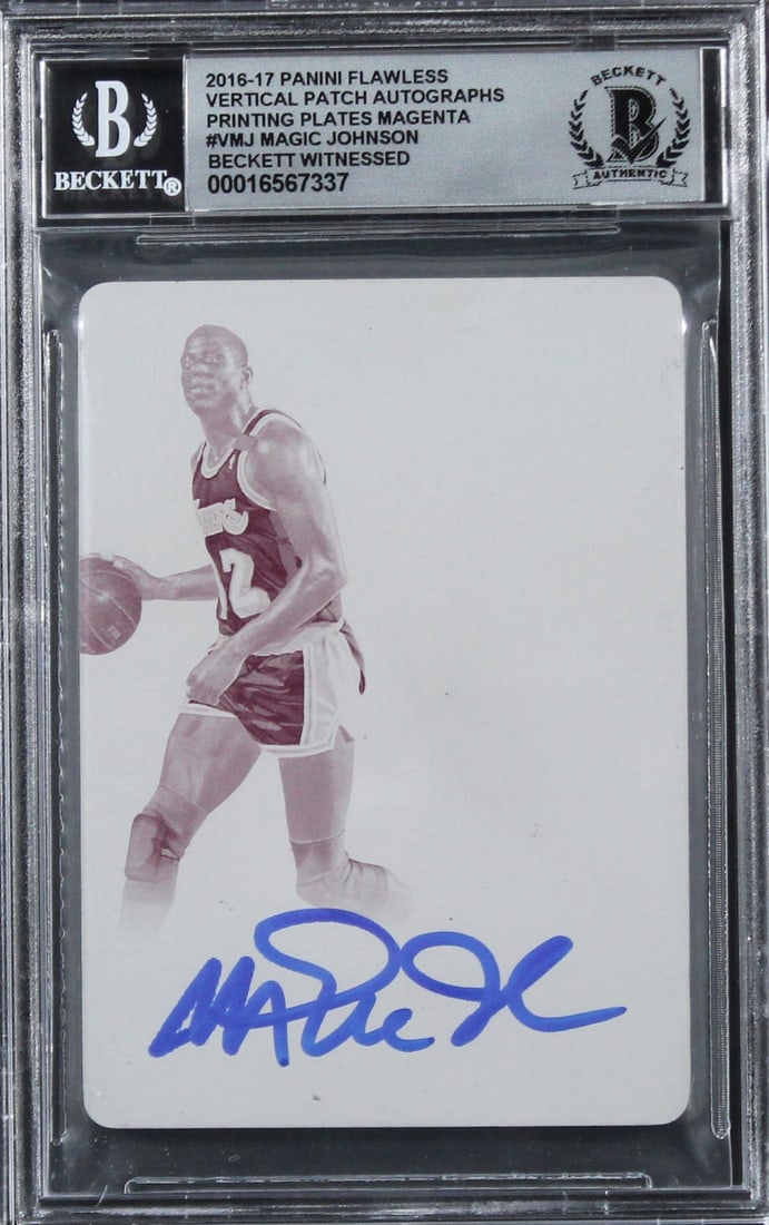 Magic Johnson Signed 2016 Panini Flawless 1/1 Card Auto 10 Beckett: Magic Johnson Signed 2016 Panini Flawless 1/1 Card Auto 10 Beckett This 2016 Panini Flawless Vertical Patch Autographs Printing Plates Magenta #VMJ #1/1 card features a stunning autograph from Magic J