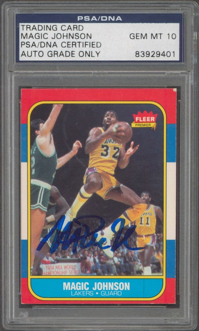 Magic Johnson Autographed 1986 Fleer #53 Card PSA Gem Mint 10 Slabbed: Magic Johnson Autographed 1986 Fleer #53 Card PSA Gem Mint 10 Slabbed This 1986 Fleer #53 basketball card features Magic Johnson of the Los Angeles Lakers and has been personally signed by the player.