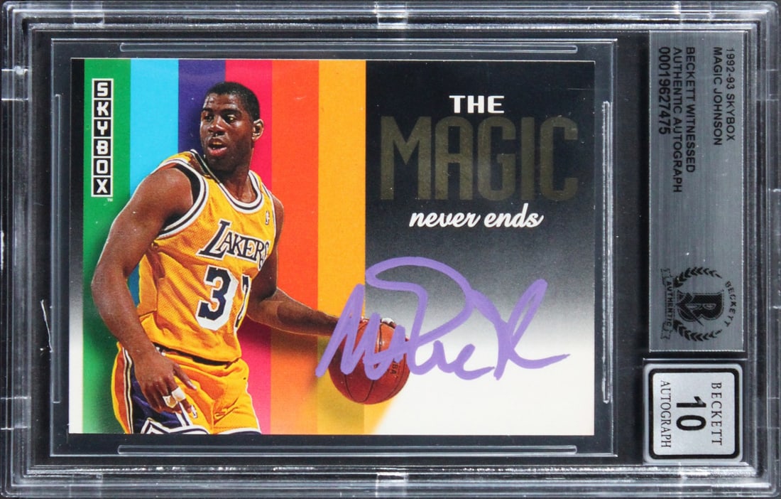 Beckett slabbed 1992 Skybox Magic Johnson autographed Lakers card: Beckett slabbed 1992 Skybox Magic Johnson autographed Lakers card This 1992 Skybox basketball card features the autograph of Magic Johnson from the Los Angeles Lakers. The card has been graded Gem Min