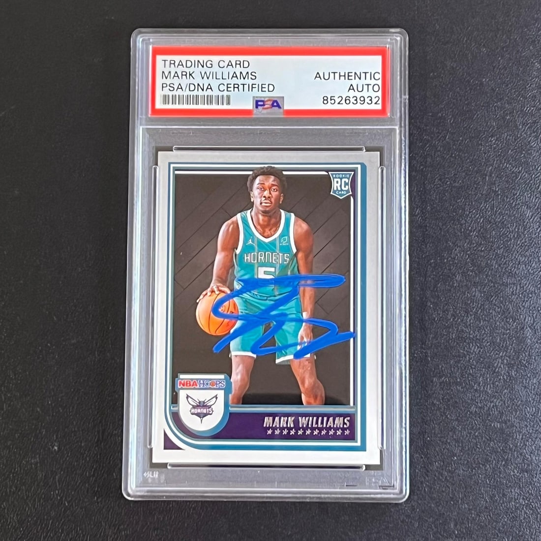 Mark Williams Autographed Panini Hoops 245 Card PSA Encapsulated Hornets: Mark Williams Autographed Panini Hoops 245 Card PSA Encapsulated Hornets This is a 2022-23 Panini Hoops #245 basketball card featuring Mark Williams, who played for the Hornets. The card is hand-signe
