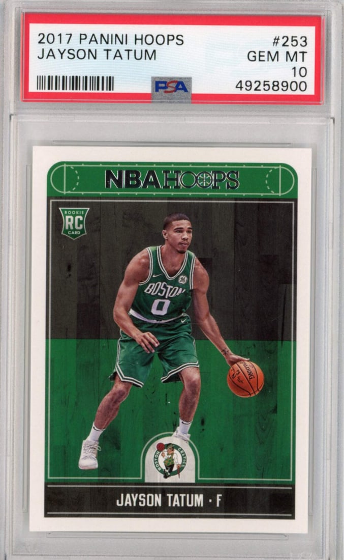 2017-18 Panini Hoops Jayson Tatum Rookie Card PSA 10 Boston Celtics: 2017-18 Panini Hoops Jayson Tatum Rookie Card PSA 10 Boston Celtics This is a graded 2017-18 Panini Hoops Jayson Tatum #253 Rookie RC Basketball Card, achieving a perfect PSA grade of 10. This origina