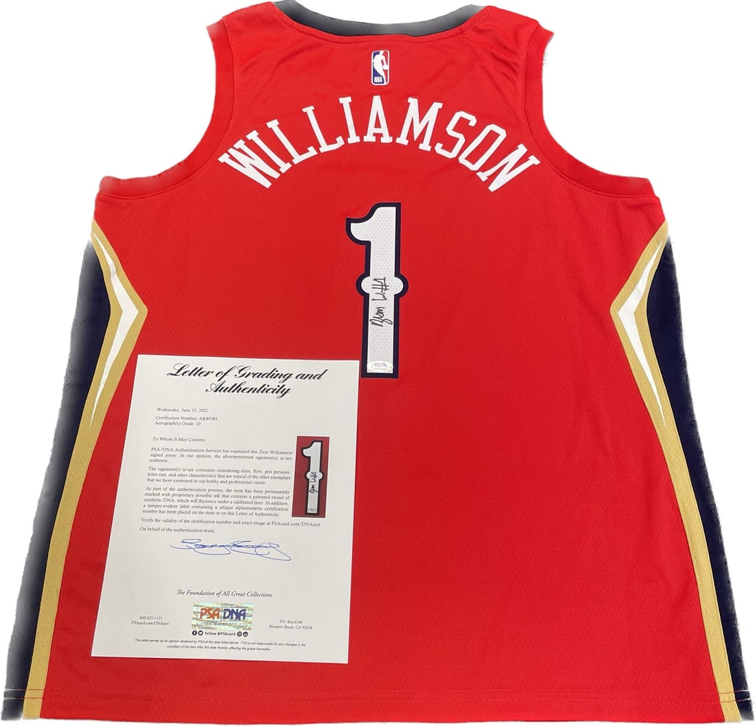 Zion Williamson Autographed Pelicans Jersey PSA/DNA LOA: Zion Williamson Autographed Pelicans Jersey PSA/DNA LOA This original New Orleans Pelicans jersey is autographed by basketball star Zion Williamson. The signature has been authenticated by PSA/DNA, en