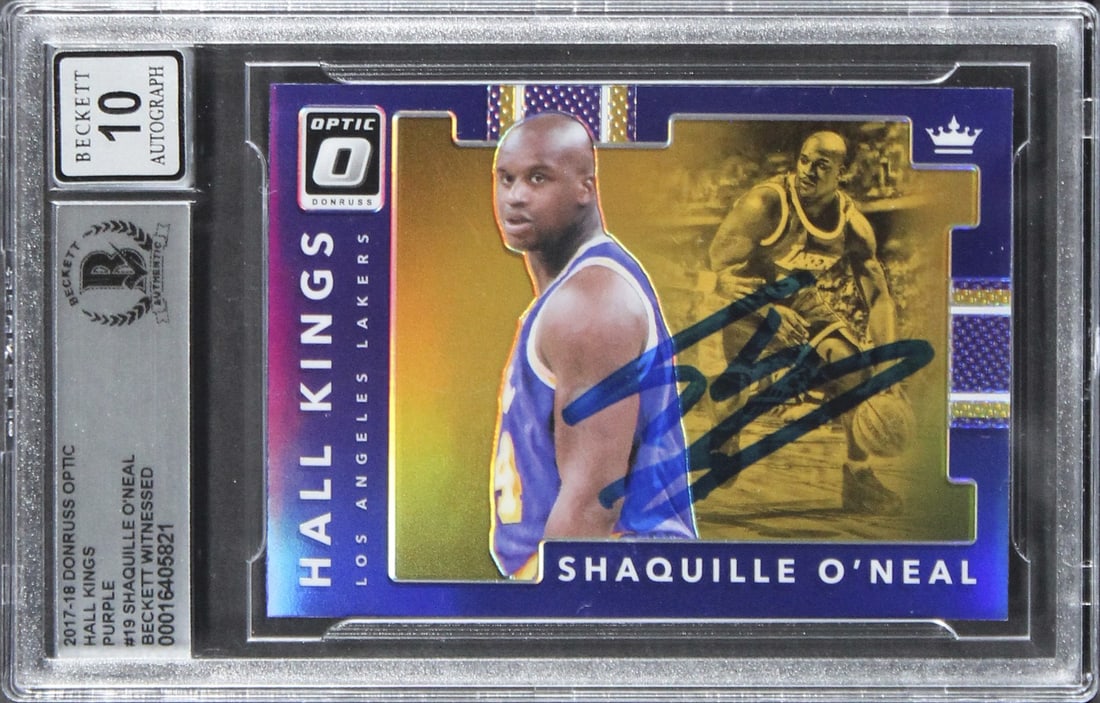 Shaquille O'Neal Signed 2017 Donruss Optic Purple #19 Gem Mint 10 Beckett: Shaquille O'Neal Signed 2017 Donruss Optic Purple #19 Gem Mint 10 Beckett This is a stunning 2017 Donruss Optic Hall Kings Purple #19 card, personally signed by basketball legend Shaquille O'Neal of t