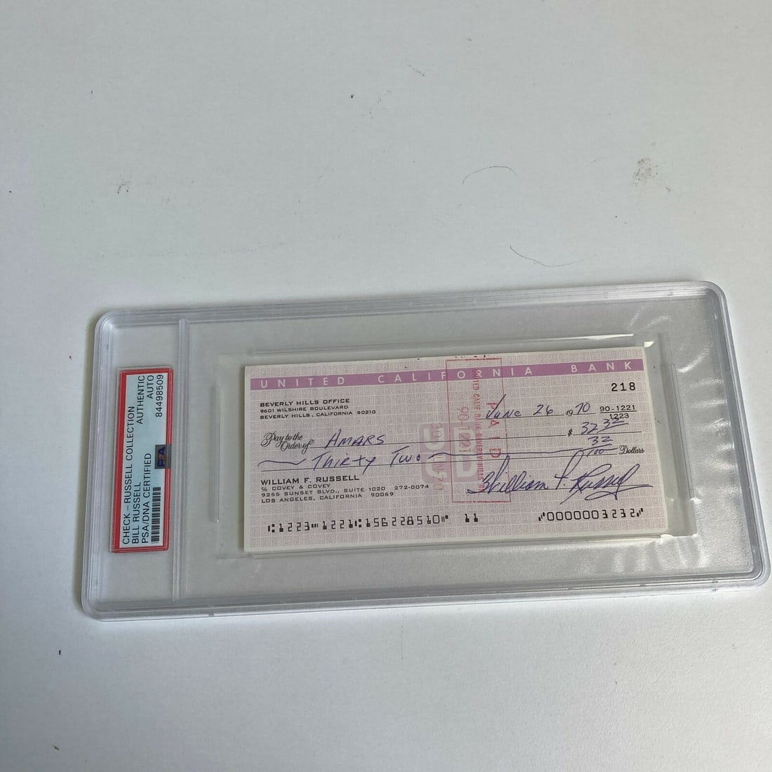 Bill Russell Autographed Bank Check PSA DNA Boston Celtics HOF: Bill Russell Autographed Bank Check PSA DNA Boston Celtics HOF This is an original autographed bank check signed by basketball legend Bill Russell, known for his remarkable career with the Boston Celt