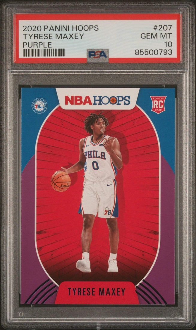 2020 Panini Hoops Tyrese Maxey #207 Purple Rookie Card PSA 10: 2020 Panini Hoops Tyrese Maxey #207 Purple Rookie Card PSA 10 This is a graded 2020 Panini Hoops Tyrese Maxey #207 Purple Rookie Basketball Card, certified by Professional Sports Authenticator (PSA) w