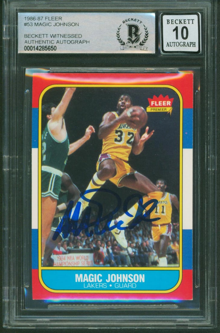 Magic Johnson Beckett 10 Auto 1986 Fleer 53 Signed Lakers Card Slabbed: Magic Johnson Beckett 10 Auto 1986 Fleer 53 Signed Lakers Card Slabbed This 1986 Fleer #53 basketball card features a blue ink autograph from Magic Johnson of the Los Angeles Lakers. The card is authe
