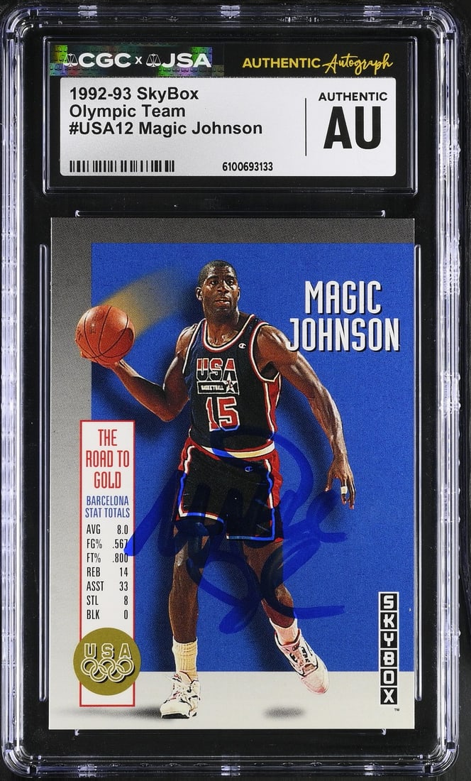 1992-93 Skybox Magic Johnson Autographed Basketball Card USA12 CGC JSA Authenticated: 1992-93 Skybox Magic Johnson Autographed Basketball Card USA12 CGC JSA Authenticated This is an original 1992-93 Skybox basketball card featuring Magic Johnson. The card is signed/autographed and has 