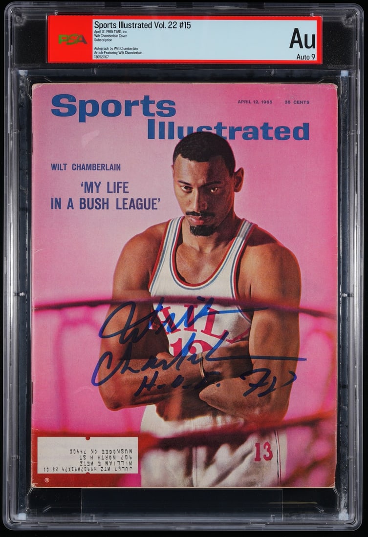1965 Sports Illustrated Magazine Signed by Wilt Chamberlain PSA DNA Auto 9: 1965 Sports Illustrated Magazine Signed by Wilt Chamberlain PSA DNA Auto 9 This is an original 1965 Sports Illustrated Magazine featuring basketball legend Wilt Chamberlain. The magazine has been bold