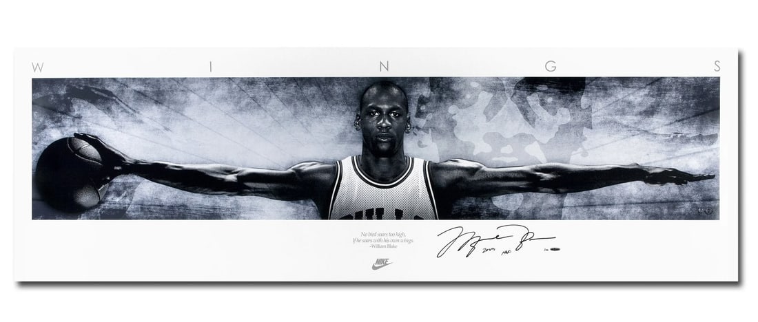 Michael Jordan Autographed 23x72 Wings Photo Upper Deck 2009 HOF Limited Edition: Michael Jordan Autographed 23x72 Wings Photo Upper Deck 2009 HOF Limited Edition Celebrate the legacy of basketball icon Michael Jordan with this stunning autographed 23" x 72" photo featuring the ren