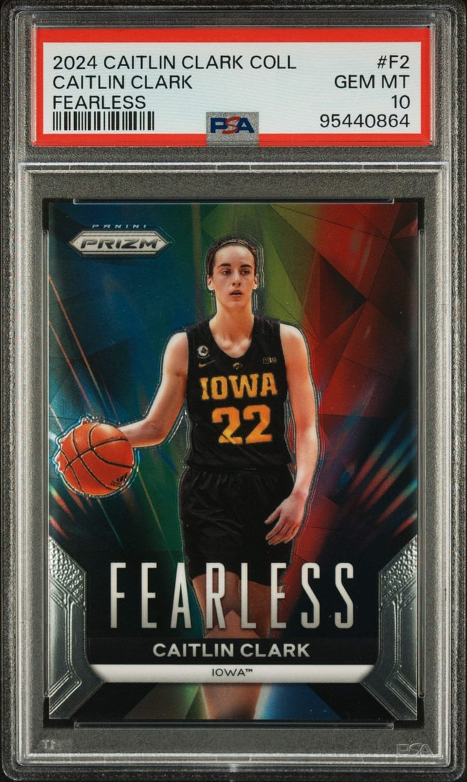 2024 Panini Caitlin Clark Fearless Rookie Card PSA 10 Iowa Hawkeyes: 2024 Panini Caitlin Clark Fearless Rookie Card PSA 10 Iowa Hawkeyes This 2024 Panini Caitlin Clark #F2 Fearless Rookie RC Basketball Card is a must-have for any fan or collector. Graded a perfect 10 b