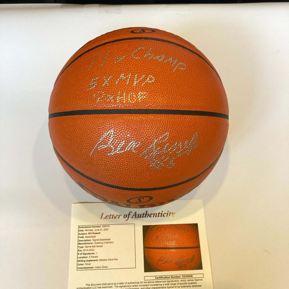 Bill Russell Signed NBA Basketball with Stats Inscription JSA COA: Bill Russell Signed NBA Basketball with Stats Inscription JSA COA This is a Bill Russell autographed Official Spalding NBA basketball, featuring significant statistical inscriptions. It is signed in s
