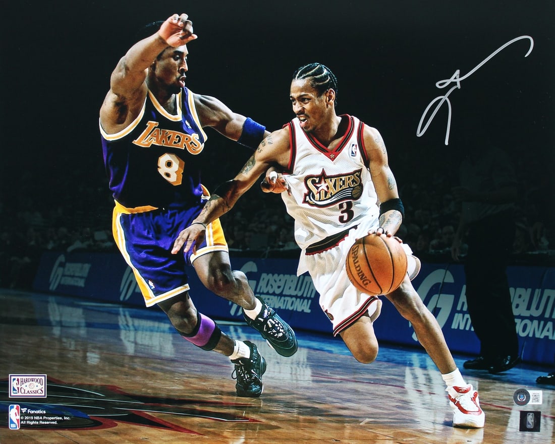 Allen Iverson Signed 16x20 Photo vs Kobe BAS Witnessed 76ers: Allen Iverson Signed 16x20 Photo vs Kobe BAS Witnessed 76ers This authentic 16x20 horizontal photo features Allen Iverson of the Philadelphia 76ers, showcasing his iconic matchup against Kobe Bryant. 