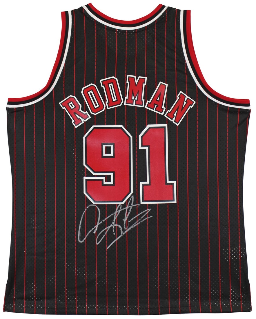 Dennis Rodman signed Chicago Bulls black Mitchell Ness Swingman jersey BAS witnessed (1 of 4)