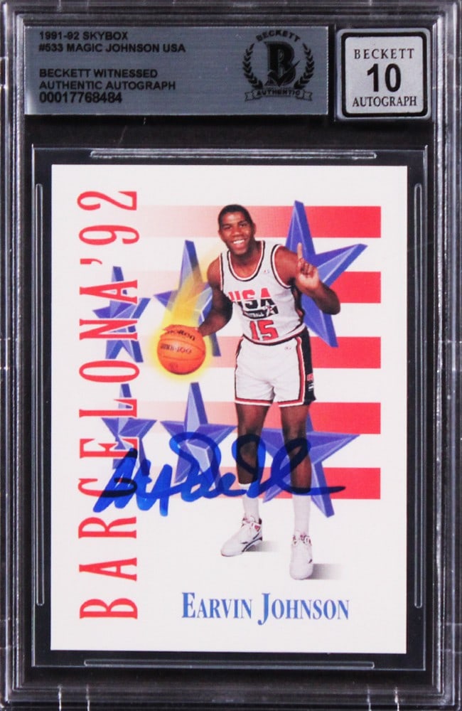 Beckett slabbed Magic Johnson 1991 Skybox #533 autograph card: Beckett slabbed Magic Johnson 1991 Skybox #533 autograph card This 1991 Skybox #533 basketball card features an authentic, hand-signed autograph by Magic Johnson of the Los Angeles Lakers. The card is