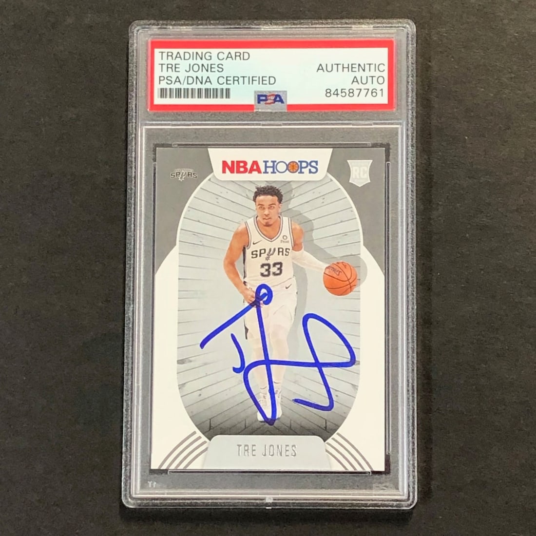 2020-21 NBA Hoops Tre Jones Signed Rookie Card PSA/DNA Authentic Spurs: 2020-21 NBA Hoops Tre Jones Signed Rookie Card PSA/DNA Authentic Spurs This 2020-21 NBA Hoops #208 rookie card features the signature of Tre Jones from the San Antonio Spurs. The autograph has been au