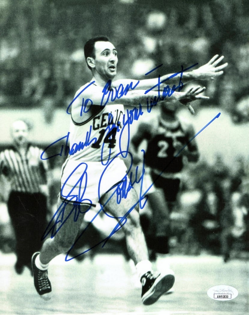 Bob Cousy Autographed 8x10 Photo To Evan Celtics JSA Certified: Bob Cousy Autographed 8x10 Photo To Evan Celtics JSA Certified This is an original 8X10 photo of Bob Cousy, a legendary player for the Boston Celtics, featuring his autograph personalized "To Evan." T