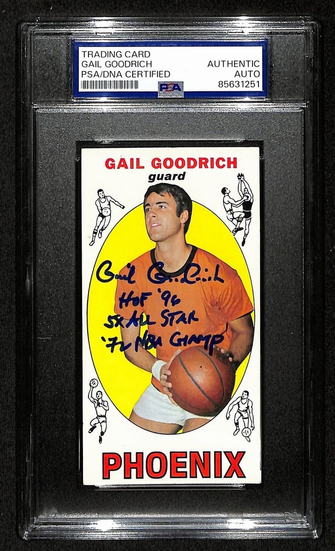 Gail Goodrich HOF Signed 1969-70 TOPPS Rookie Card #2 PSA/DNA: Gail Goodrich HOF Signed 1969-70 TOPPS Rookie Card #2 PSA/DNA This is an original 1969-70 TOPPS Rookie Card #2 of Gail Goodrich, a Hall of Famer. The card features Goodrich's signature along with the 