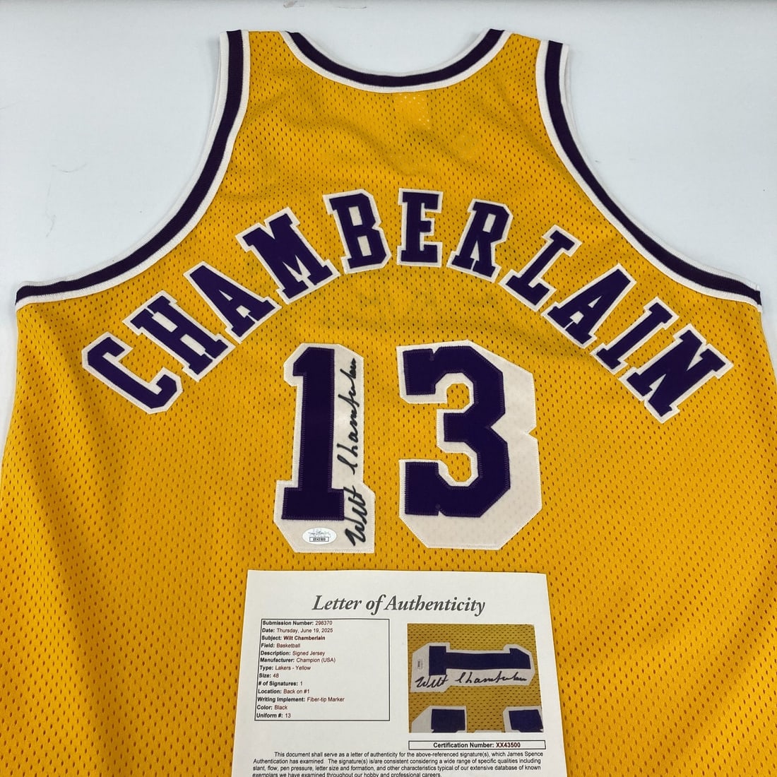 Wilt Chamberlain Signed 1990s Champion Lakers Jersey JSA COA: Wilt Chamberlain Signed 1990s Champion Lakers Jersey JSA COA This is a stunning authentic 1990's Champion Los Angeles Lakers jersey signed by the legendary Wilt Chamberlain. The jersey comes with a fu