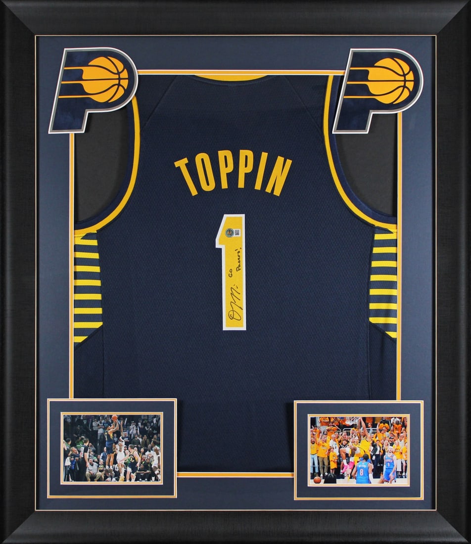 Obi Toppin Autographed Framed Navy Jersey With Go Pacers Inscription BAS Authenticated: Obi Toppin Autographed Framed Navy Jersey With Go Pacers Inscription BAS Authenticated This professionally framed navy pro style jersey features an authentic hand-signed autograph from Obi Toppin of t