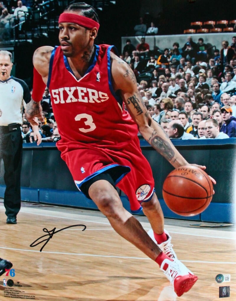 Allen Iverson signed 16x20 Philadelphia 76ers red jersey photo Beckett hologram: Allen Iverson signed 16x20 Philadelphia 76ers red jersey photo Beckett hologram This is a 16x20 photograph featuring Allen Iverson of the Philadelphia 76ers, personally autographed by Iverson. The sig