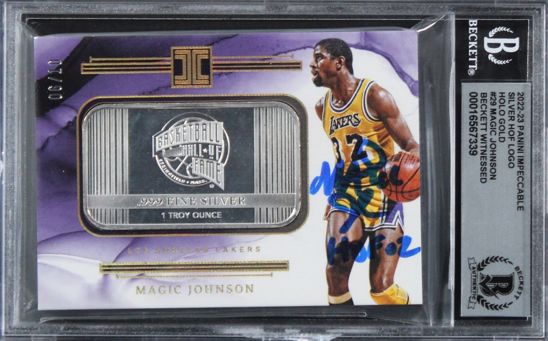 Magic Johnson Signed 2022 Panini Impeccable HOF Card #29 06/10 BAS Gem Mint 10: Magic Johnson Signed 2022 Panini Impeccable HOF Card #29 06/10 BAS Gem Mint 10 This is a stunning 2022 Panini Impeccable Silver basketball card featuring Magic Johnson, graded Gem Mint 10 by Beckett A